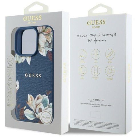 Guess Grained Printed Flower Pattern MagSafe - Etui do iPhone 16 Pro Max (niebieski) Guess Grained Printed Flower Pattern MagSafe - Etui do iPhone 16 Pro Max (niebieski)