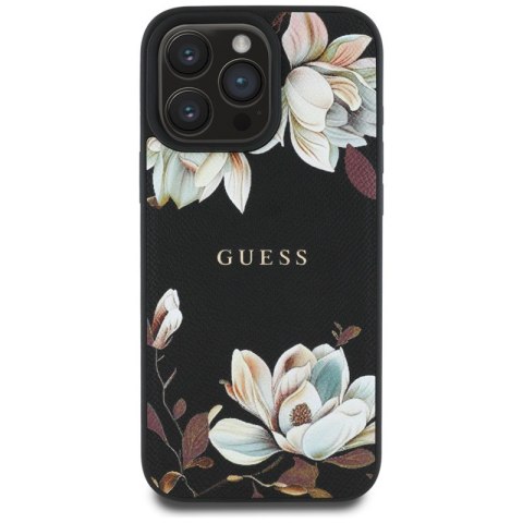 Guess Grained Printed Flower Pattern MagSafe - Etui do iPhone 16 Pro (czarny) Guess Grained Printed Flower Pattern MagSafe - Etui do iPhone 16 Pro (czarny)