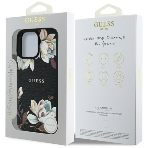 Guess Grained Printed Flower Pattern MagSafe - Etui do iPhone 16 Pro (czarny) Guess Grained Printed Flower Pattern MagSafe - Etui do iPhone 16 Pro (czarny)