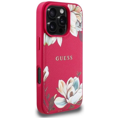 Guess Grained Printed Flower Pattern MagSafe - Etui do iPhone 16 Pro (fuksja)