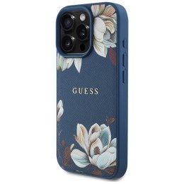Guess Grained Printed Flower Pattern MagSafe - Etui do iPhone 16 Pro (niebieski)