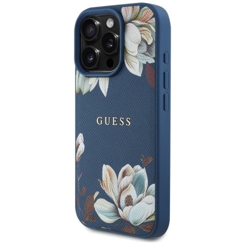 Guess Grained Printed Flower Pattern MagSafe - Etui do iPhone 16 Pro (niebieski) Guess Grained Printed Flower Pattern MagSafe - Etui do iPhone 16 Pro (niebieski)