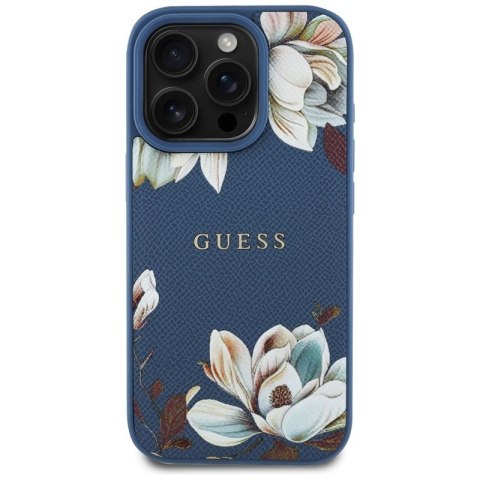 Guess Grained Printed Flower Pattern MagSafe - Etui do iPhone 16 Pro (niebieski) Guess Grained Printed Flower Pattern MagSafe - Etui do iPhone 16 Pro (niebieski)