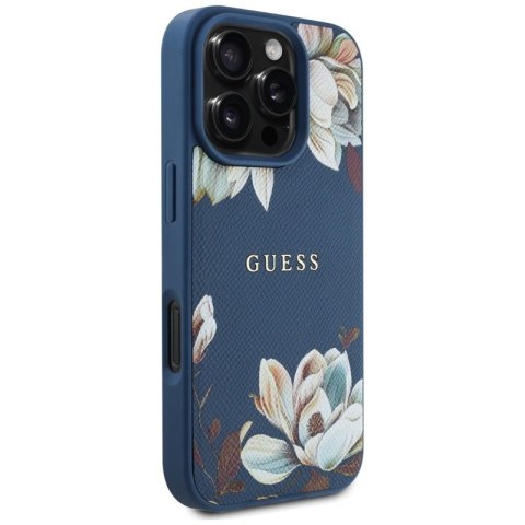 Guess Grained Printed Flower Pattern MagSafe - Etui do iPhone 16 Pro (niebieski) Guess Grained Printed Flower Pattern MagSafe - Etui do iPhone 16 Pro (niebieski)