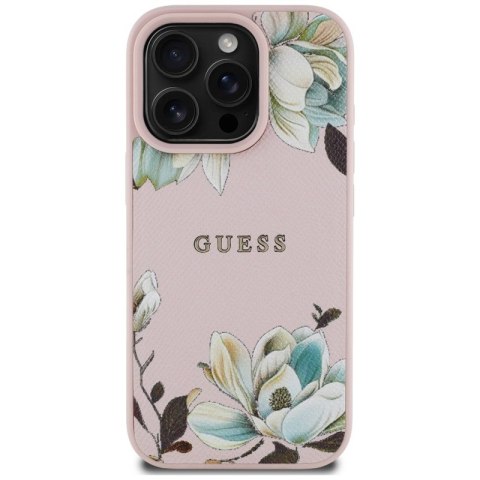 Guess Grained Printed Flower Pattern MagSafe - Etui do iPhone 16 Pro (różowy) Guess Grained Printed Flower Pattern MagSafe - Etui do iPhone 16 Pro (różowy)