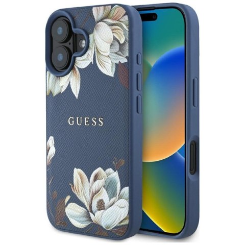 Guess Grained Printed Flower Pattern MagSafe - Etui do iPhone 16 (niebieski) Guess Grained Printed Flower Pattern MagSafe - Etui do iPhone 16 (niebieski)
