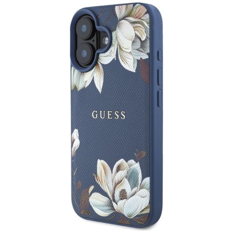 Guess Grained Printed Flower Pattern MagSafe - Etui do iPhone 16 (niebieski) Guess Grained Printed Flower Pattern MagSafe - Etui do iPhone 16 (niebieski)