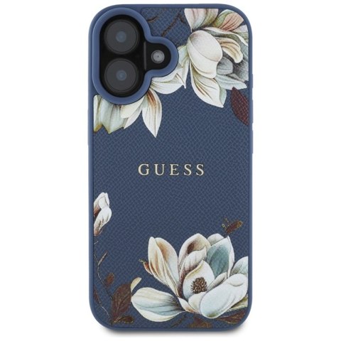 Guess Grained Printed Flower Pattern MagSafe - Etui do iPhone 16 (niebieski) Guess Grained Printed Flower Pattern MagSafe - Etui do iPhone 16 (niebieski)