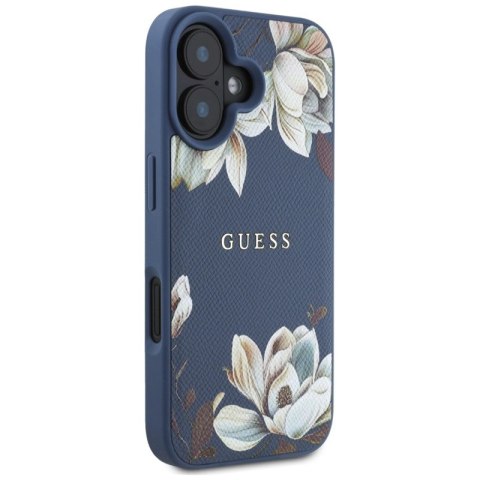 Guess Grained Printed Flower Pattern MagSafe - Etui do iPhone 16 (niebieski) Guess Grained Printed Flower Pattern MagSafe - Etui do iPhone 16 (niebieski)