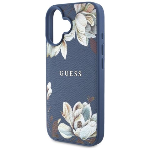 Guess Grained Printed Flower Pattern MagSafe - Etui do iPhone 16 (niebieski) Guess Grained Printed Flower Pattern MagSafe - Etui do iPhone 16 (niebieski)