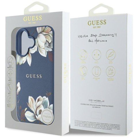 Guess Grained Printed Flower Pattern MagSafe - Etui do iPhone 16 (niebieski) Guess Grained Printed Flower Pattern MagSafe - Etui do iPhone 16 (niebieski)