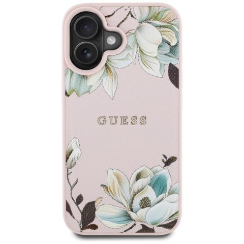 Guess Grained Printed Flower Pattern MagSafe - Etui do iPhone 16 (różowy) Guess Grained Printed Flower Pattern MagSafe - Etui do iPhone 16 (różowy)
