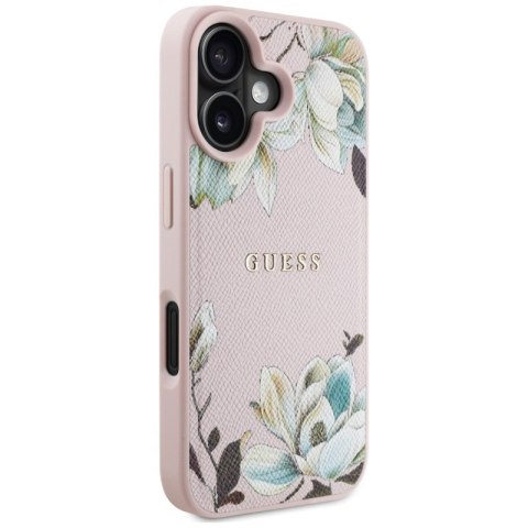 Guess Grained Printed Flower Pattern MagSafe - Etui do iPhone 16 (różowy) Guess Grained Printed Flower Pattern MagSafe - Etui do iPhone 16 (różowy)