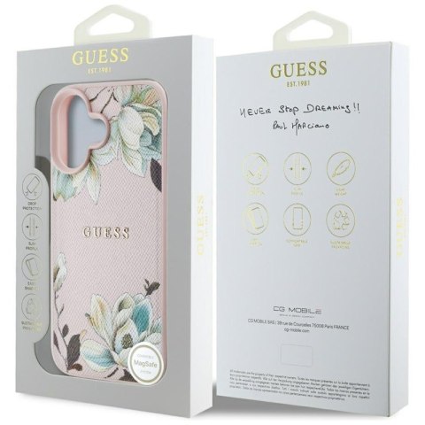 Guess Grained Printed Flower Pattern MagSafe - Etui do iPhone 16 (różowy) Guess Grained Printed Flower Pattern MagSafe - Etui do iPhone 16 (różowy)