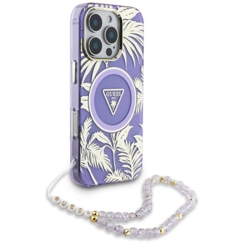 Guess Palm Trees Triangle Pearl Strap MagSafe - Etui do iPhone 16 Pro (fioletowy)