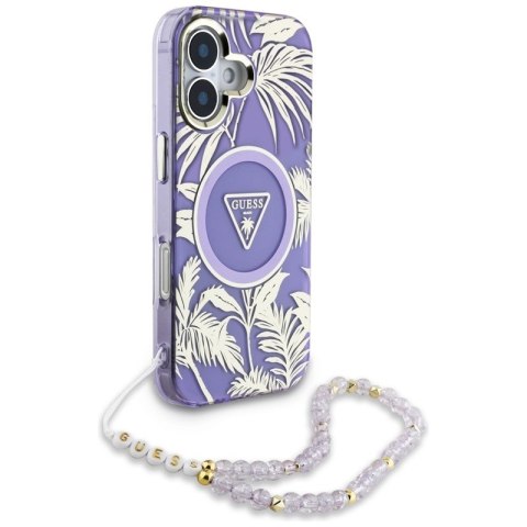 Guess Palm Trees Triangle Pearl Strap MagSafe - Etui do iPhone 16 (fioletowy) Guess Palm Trees Triangle Pearl Strap MagSafe - Etui do iPhone 16 (fioletowy)