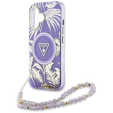 Guess Palm Trees Triangle Pearl Strap MagSafe - Etui do iPhone 16 (fioletowy) Guess Palm Trees Triangle Pearl Strap MagSafe - Etui do iPhone 16 (fioletowy)
