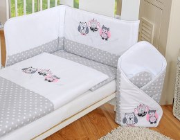 Komplet pościeli dla dzieci 120x90cm z ochraniaczem 3-cz Sówki szare z haftem szaro-różowym