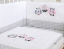 Komplet pościeli dla dzieci 120x90cm z ochraniaczem 3-cz Sówki szare z haftem szaro-różowym