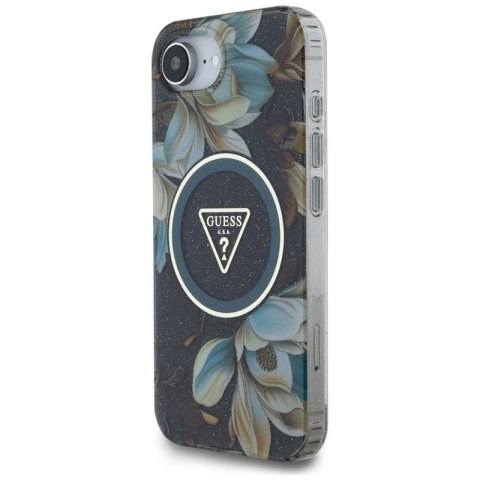Guess IML Metal Glitter Flowers Triangle MagSafe - Etui do iPhone 16e (czarny) Guess IML Metal Glitter Flowers Triangle MagSafe - Etui do iPhone 16e (czarny)