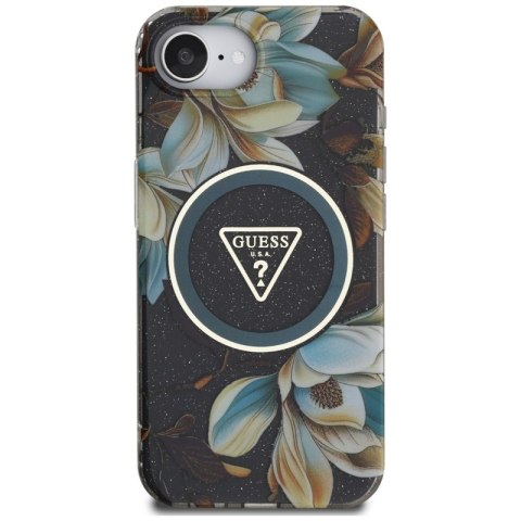 Guess IML Metal Glitter Flowers Triangle MagSafe - Etui do iPhone 16e (czarny) Guess IML Metal Glitter Flowers Triangle MagSafe - Etui do iPhone 16e (czarny)
