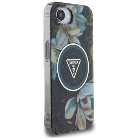 Guess IML Metal Glitter Flowers Triangle MagSafe - Etui do iPhone 16e (czarny) Guess IML Metal Glitter Flowers Triangle MagSafe - Etui do iPhone 16e (czarny)