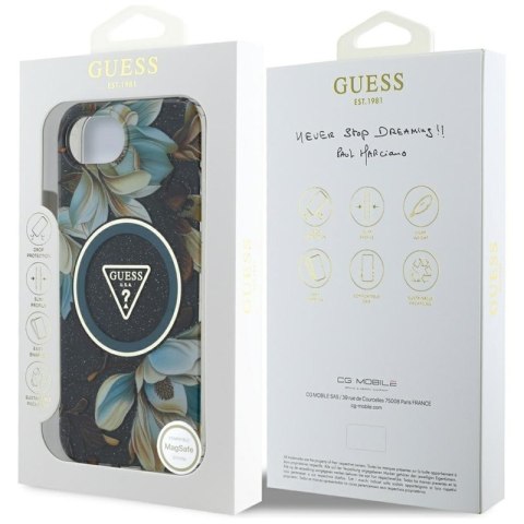 Guess IML Metal Glitter Flowers Triangle MagSafe - Etui do iPhone 16e (czarny) Guess IML Metal Glitter Flowers Triangle MagSafe - Etui do iPhone 16e (czarny)