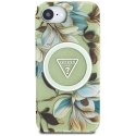 Guess IML Metal Glitter Flowers Triangle MagSafe - Etui do iPhone 16e (zielony)