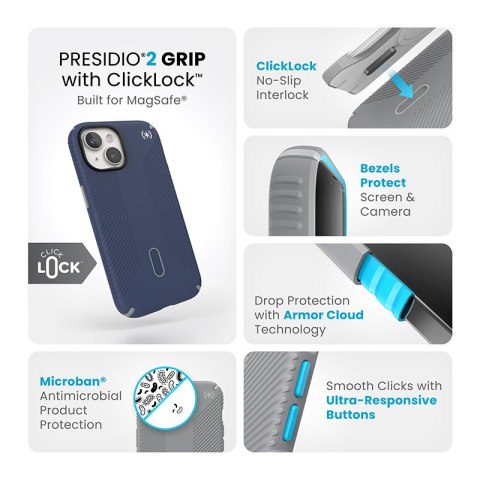Speck Presidio2 Grip ClickLock & MagSafe - Etui iPhone 16e / iPhone 15 / iPhone 14 / iPhone 13 (Coastal Blue / Dust Grey / White Speck Presidio2 Grip ClickLock & MagSafe - Etui iPhone 16e / iPhone 15 / iPhone 14 / iPhone 13 (Coastal Blue / Dust Grey / White