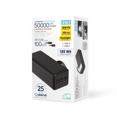 Powerbank 50000mAh 20W 2xUSB-A + 2xUSB-C + kabel USB-C -> USB-C + latarka PLATINET (45872) Powerbank 50000mAh 20W 2xUSB-A + 2xUSB-C + kabel USB-C -> USB-C + latarka PLATINET (45872)