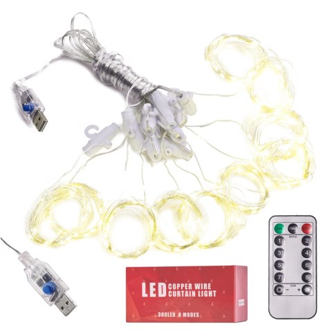 Lampki LED kurtyna girlanda druciki 3x3m 300LED ciepły biały pilot USB Lampki LED kurtyna girlanda druciki 3x3m 300LED ciepły biały pilot USB