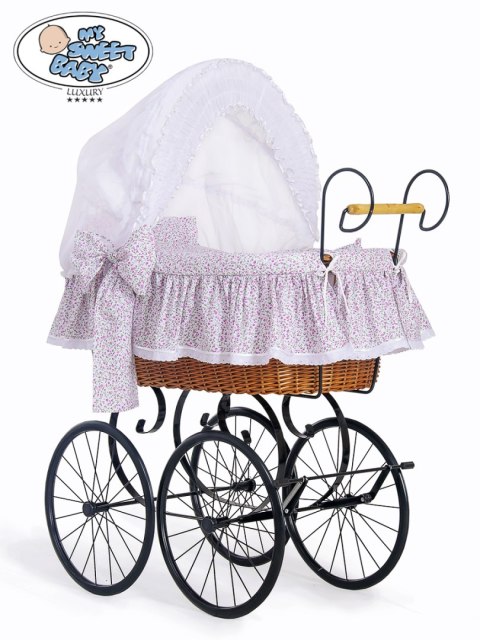 Kosz Mojżesza Retro Jasmine - Naturalny + różowo-biała pościel z białą haftowaną koronką Kosz Mojżesza Retro Jasmine - Naturalny + różowo-biała pościel z białą haftowaną koronką