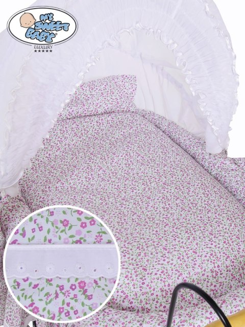 Kosz Mojżesza Retro Jasmine - Naturalny + różowo-biała pościel z białą haftowaną koronką Kosz Mojżesza Retro Jasmine - Naturalny + różowo-biała pościel z białą haftowaną koronką