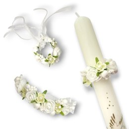 OZDOBA NA ŚWIECE DO CHRZTU PROFITKA DEKORACJA ŚWIECY Z KWIATUSZKÓW
