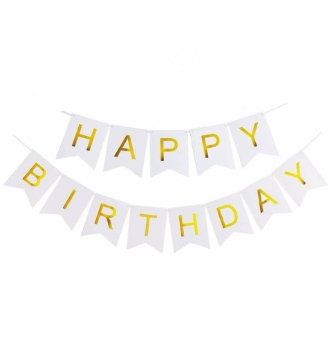 Girlanda urodzinowa Happy Birthday Biała, złoty napis Girlanda urodzinowa Happy Birthday Biała, złoty napis