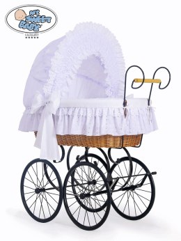 Kosz Mojżesza Retro Charlotte - naturalny + biała haftowana pościel z białą haftowaną koronką