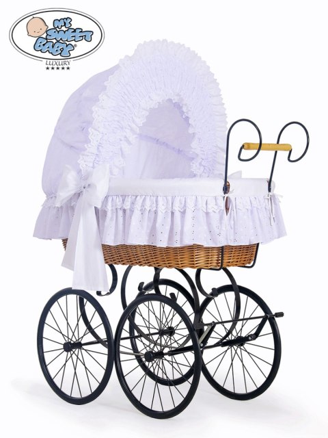 Kosz Mojżesza Retro Charlotte - naturalny + biała haftowana pościel z białą haftowaną koronką Kosz Mojżesza Retro Charlotte - naturalny + biała haftowana pościel z białą haftowaną koronką