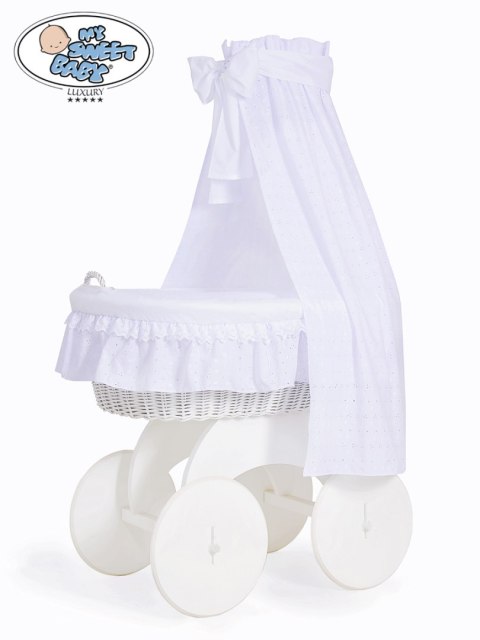 Kosz Mojżesza z baldachimem Charlotte biały + biała haftowana pościel