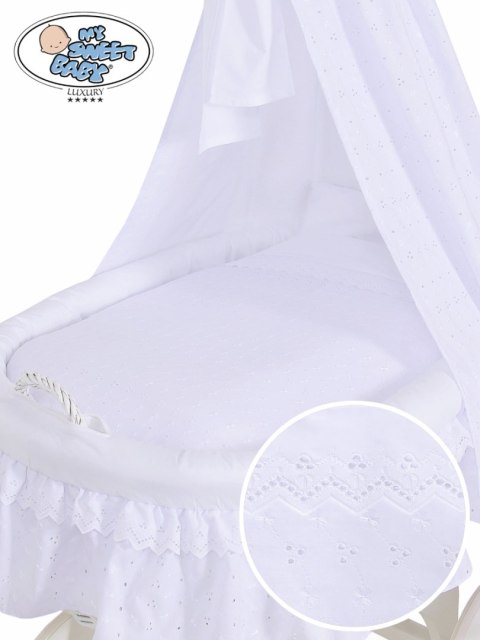 Kosz Mojżesza z baldachimem Charlotte biały + biała haftowana pościel