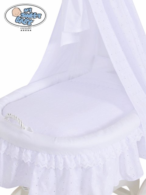 Kosz Mojżesza z baldachimem Charlotte biały + biała haftowana pościel