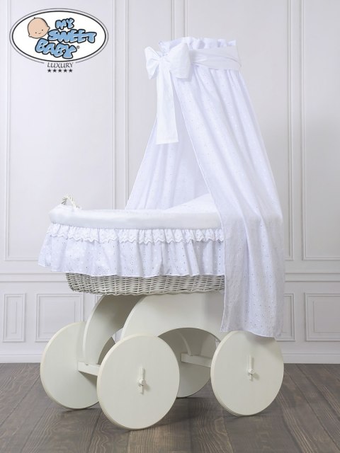 Kosz Mojżesza z baldachimem Charlotte biały + biała haftowana pościel