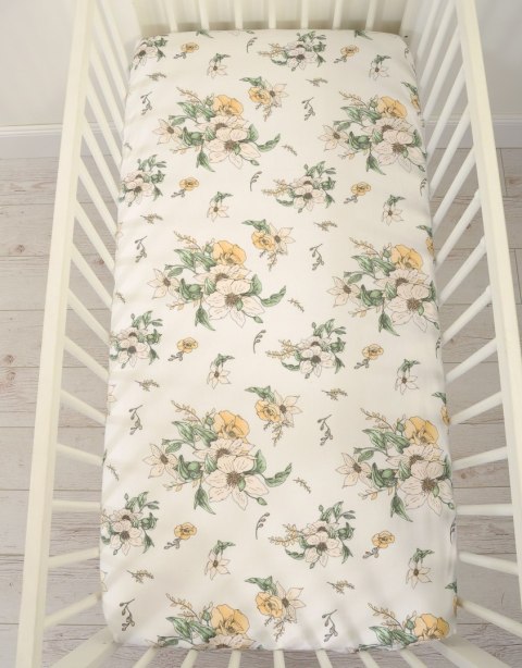 Prześcieradło bawełniane z gumką do łóżeczka 120x60 cm - clematis on beige