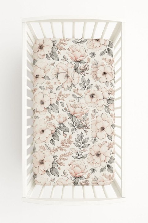 Prześcieradło bawełniane z gumką do łóżeczka 120x60 cm - róże sepia