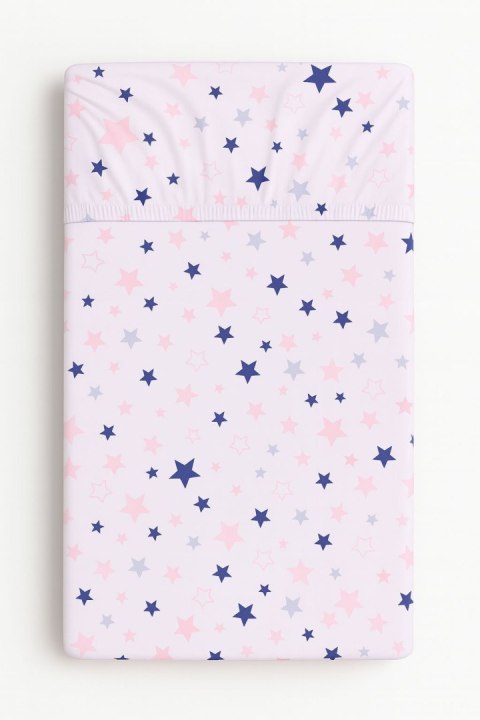 Prześcieradło bawełniane z gumką do łóżeczka 140x70 cm - gwiazdki granatowo-różowe na białym tle