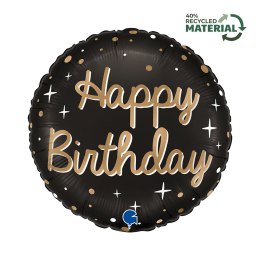 Balon foliowy, Okrągły, Czarny, 35 cm, Urodziny, Happy Birthday
