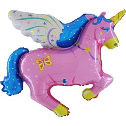 Balon Foliowy Unicorn, Jednorożec ze skrzydłami, różowy - 83x77 cm