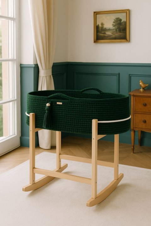 Kosz Mojżesza BOHO Handmade z kołyską - butelkowa zieleń