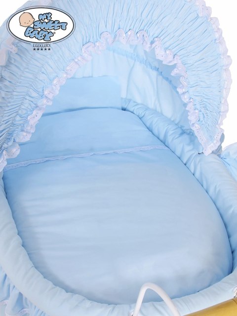 Kosz Mojżesza Retro Victoria - Biały + niebieska pościel z białą haftowaną koronką Kosz Mojżesza Retro Victoria - Biały + niebieska pościel z białą haftowaną koronką