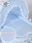 Kosz Mojżesza Retro Victoria - Biały + niebieska pościel z białą haftowaną koronką