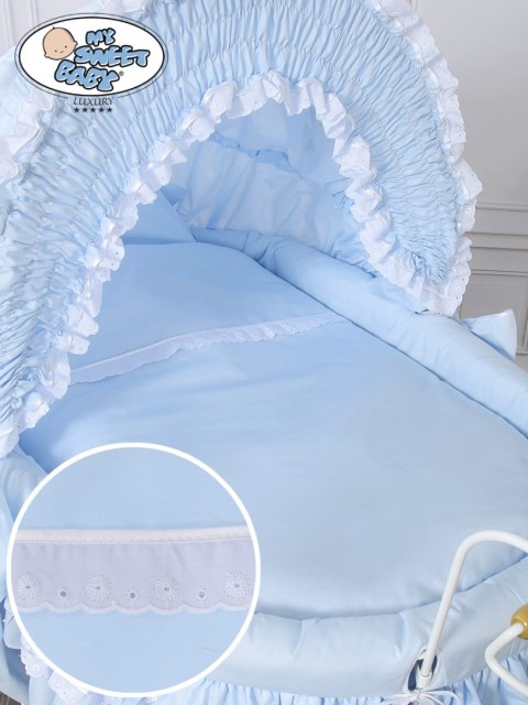 Kosz Mojżesza Retro Victoria - Biały + niebieska pościel z białą haftowaną koronką Kosz Mojżesza Retro Victoria - Biały + niebieska pościel z białą haftowaną koronką